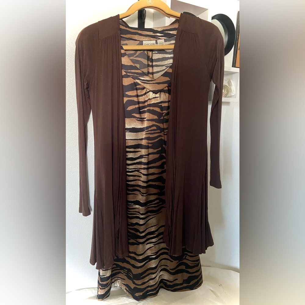 2 pc. Chico's animal Print Dress &Chocolate Brown lightweight flowing cardigan